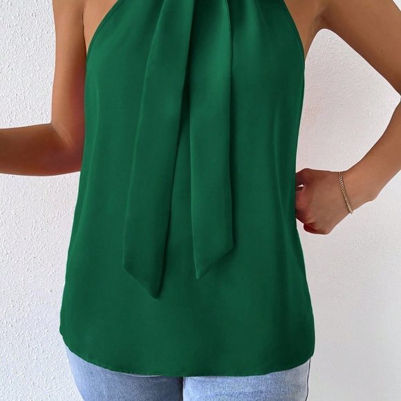 Preppy Tie Neck Halter Top Green - Picture 5 of 5